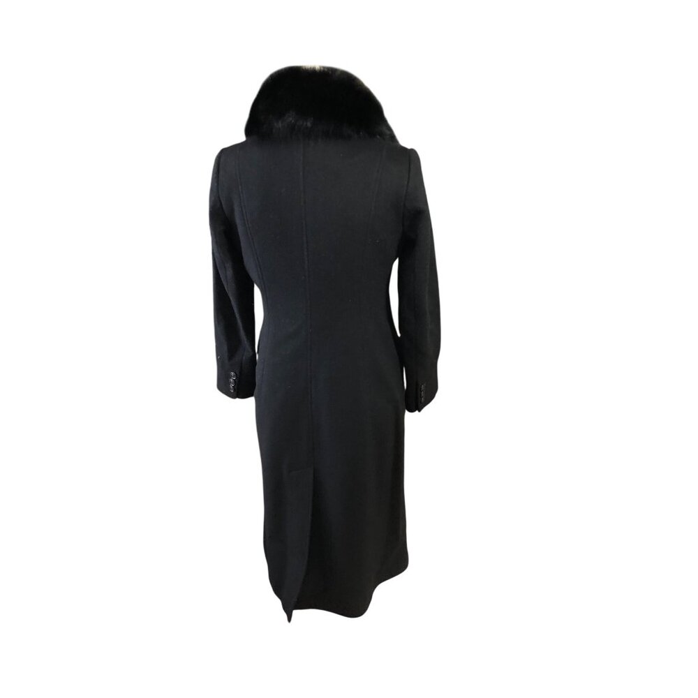 Sachi Coat Long Black Wool Cashmere Womens 2P Fox Fur Button Elegant Seams - Picture 11 of 16